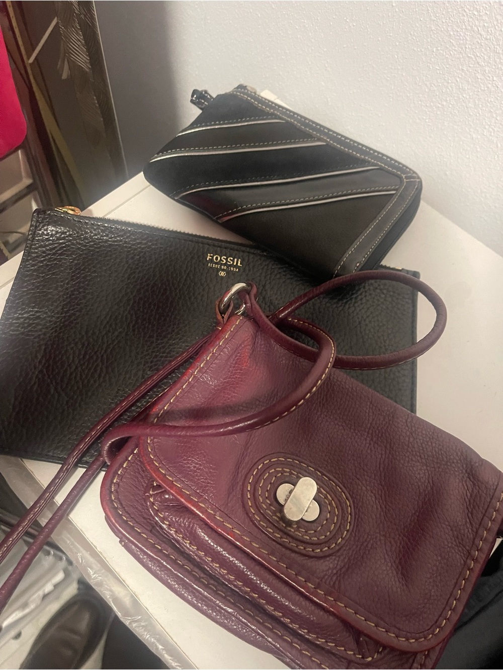 Fossil Burgundy Leather Crossbody with Black Leather Wristlet and Card Case
